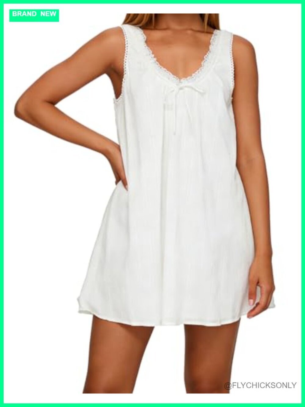 Womens Lace Trim Babydoll Tank Dress V Neck Swing Mini Low Back Cute Summer